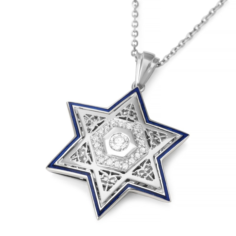 Pendentif étoile de David unisexe en or 14 carats avec diamants et émail - Couleur