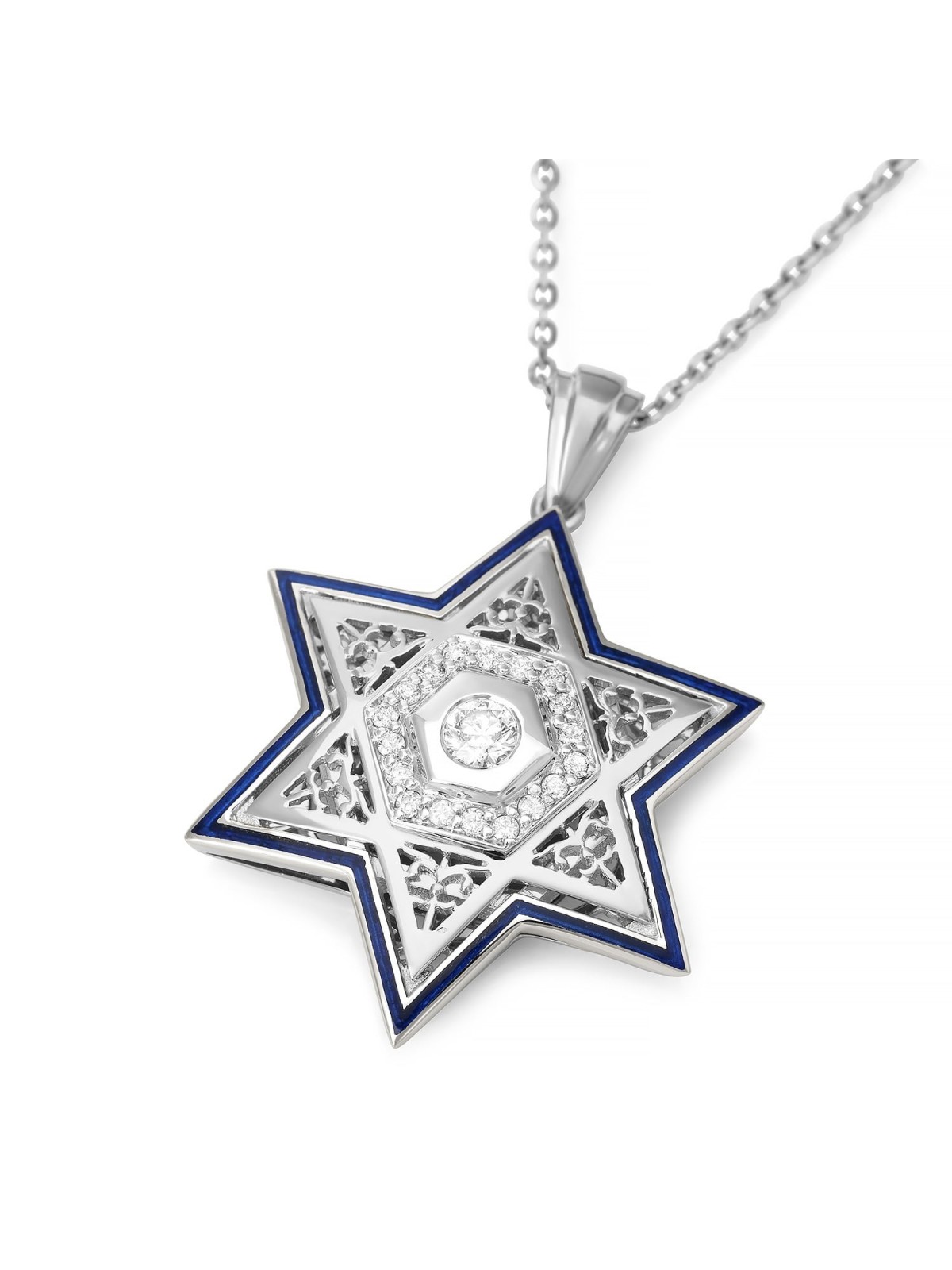 Pendentif étoile de David unisexe en or 14 carats avec diamants et émail - Couleur