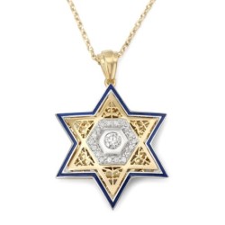 14K Gold Unisex Star of David Pendant with Diamonds and Enamel - Color