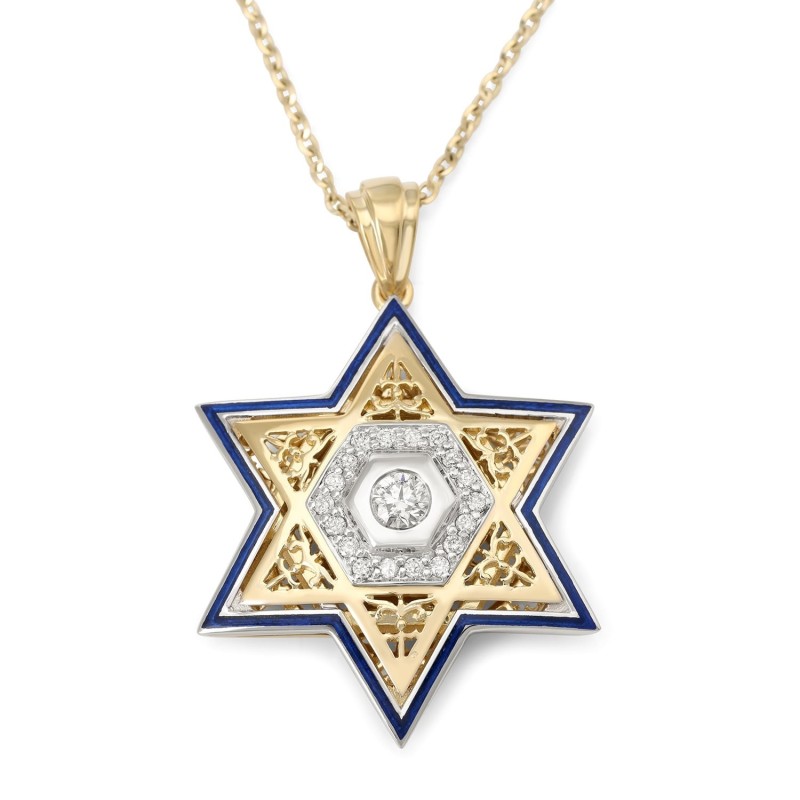 Pendentif étoile de David unisexe en or 14 carats avec diamants et émail - Couleur