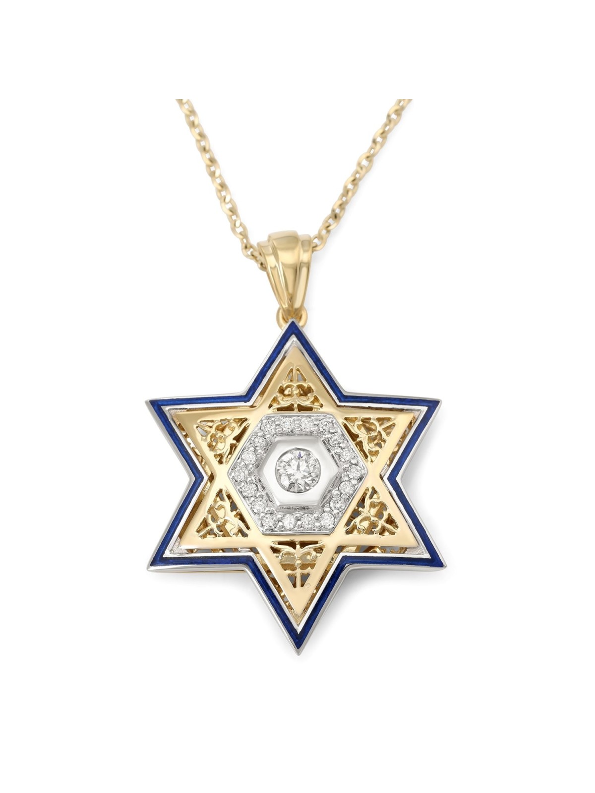 Pendentif étoile de David unisexe en or 14 carats avec diamants et émail - Couleur