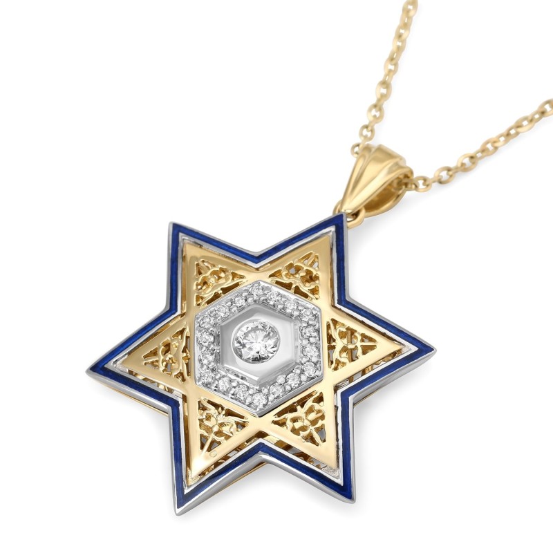 Pendentif étoile de David unisexe en or 14 carats avec diamants et émail - Couleur