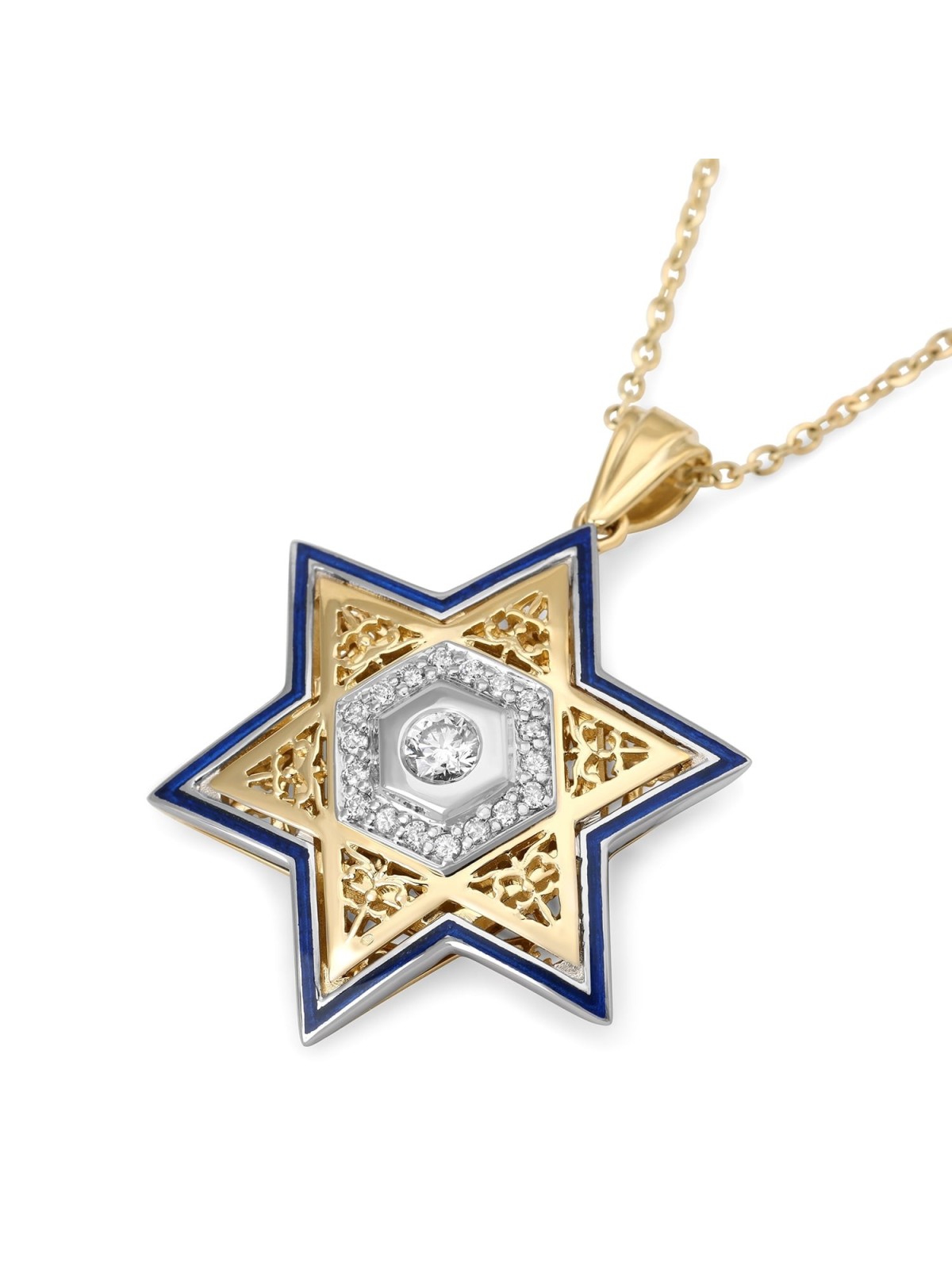 Pendentif étoile de David unisexe en or 14 carats avec diamants et émail - Couleur