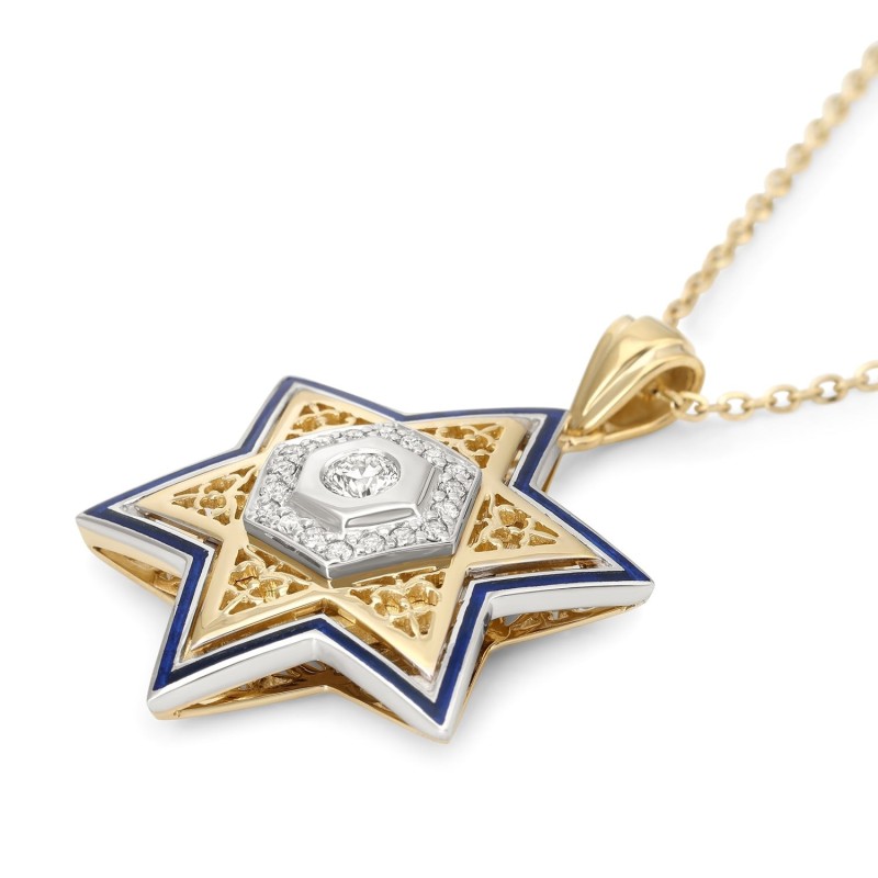 Pendentif étoile de David unisexe en or 14 carats avec diamants et émail - Couleur