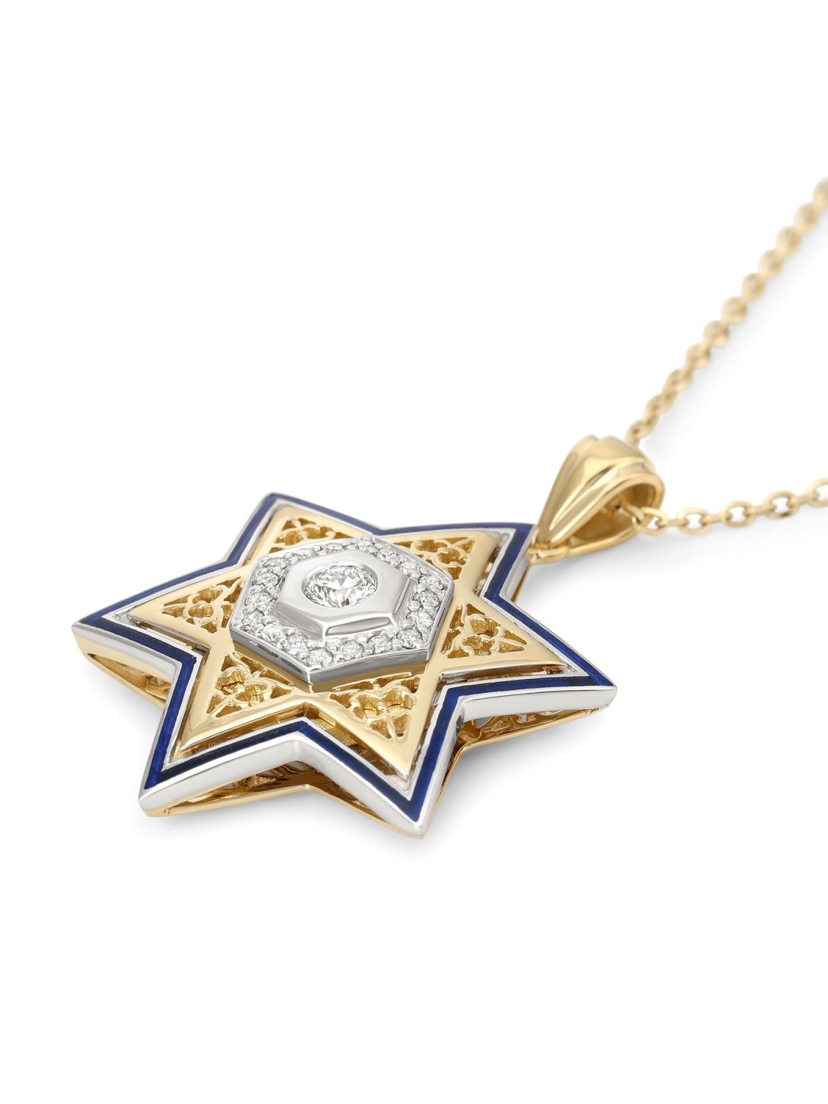 14K Gold Unisex Star of David Pendant with Diamonds and Enamel - Color