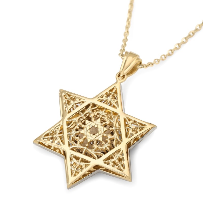 Pendentif étoile de David unisexe en or 14 carats avec diamants et émail - Couleur