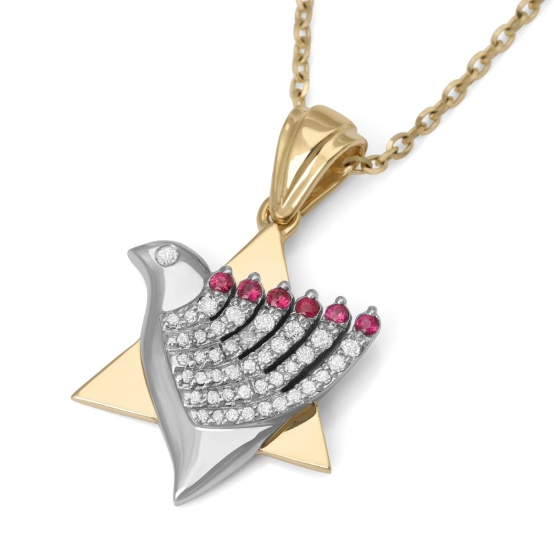 Pendentif étoile de David et colombe de la paix en or 14 carats bicolore avec diamant