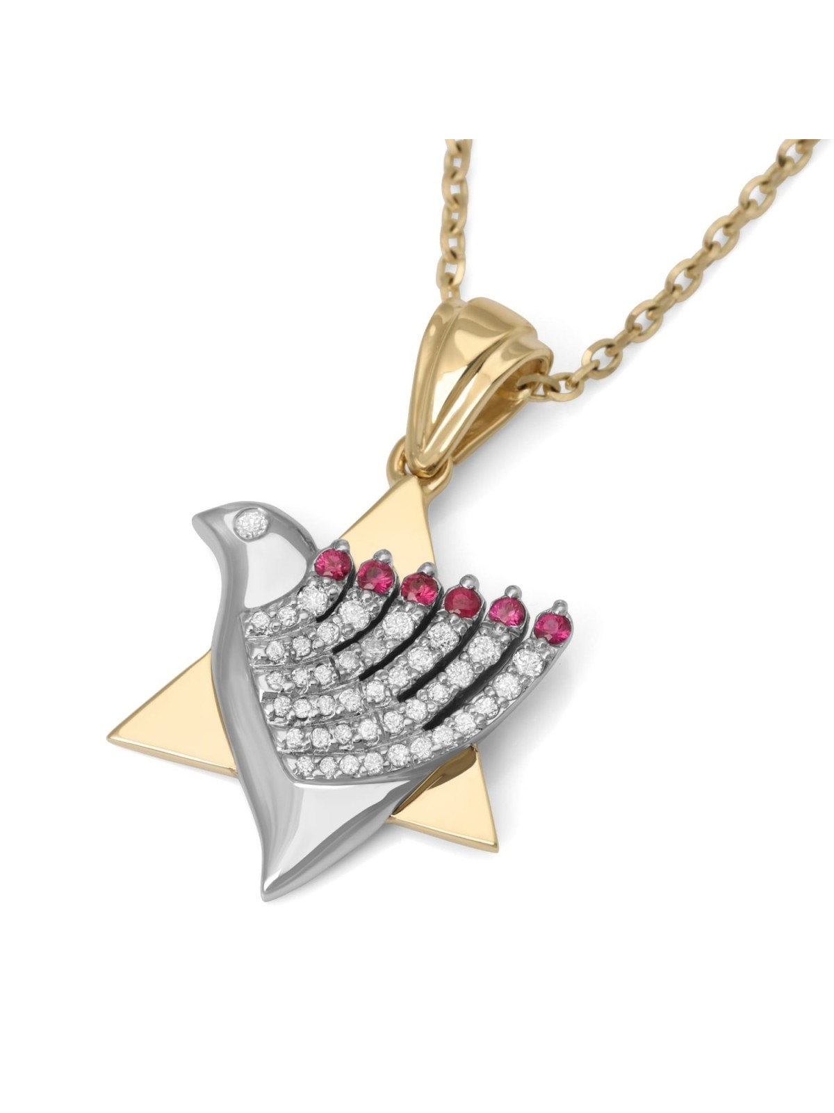 Pendentif étoile de David et colombe de la paix en or 14 carats bicolore avec diamant