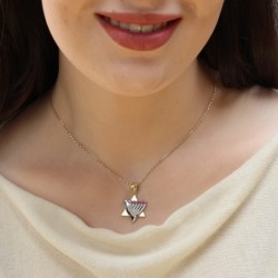 Two-Toned 14K Gold Star of David and Dove of Peace Pendant With Diamon