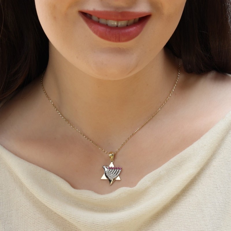Pendentif étoile de David et colombe de la paix en or 14 carats bicolore avec diamant