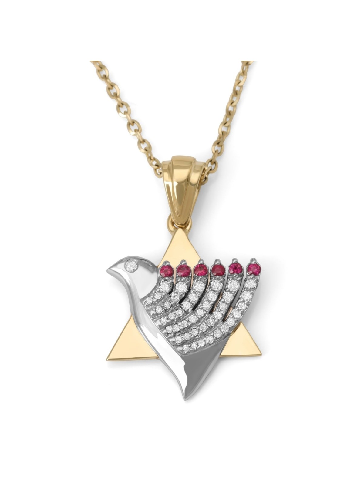 Pendentif étoile de David et colombe de la paix en or 14 carats bicolore avec diamant