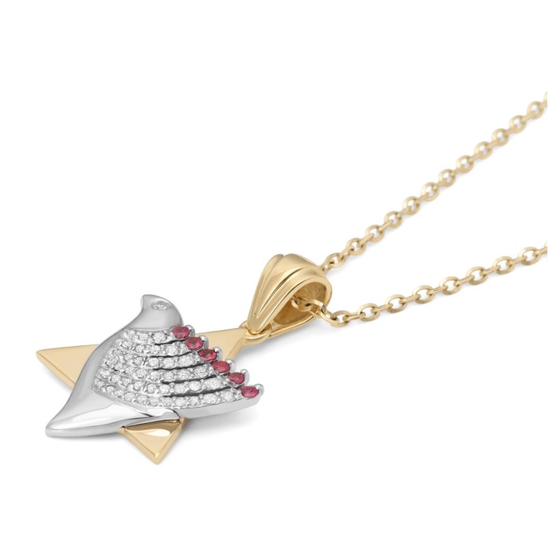 Pendentif étoile de David et colombe de la paix en or 14 carats bicolore avec diamant