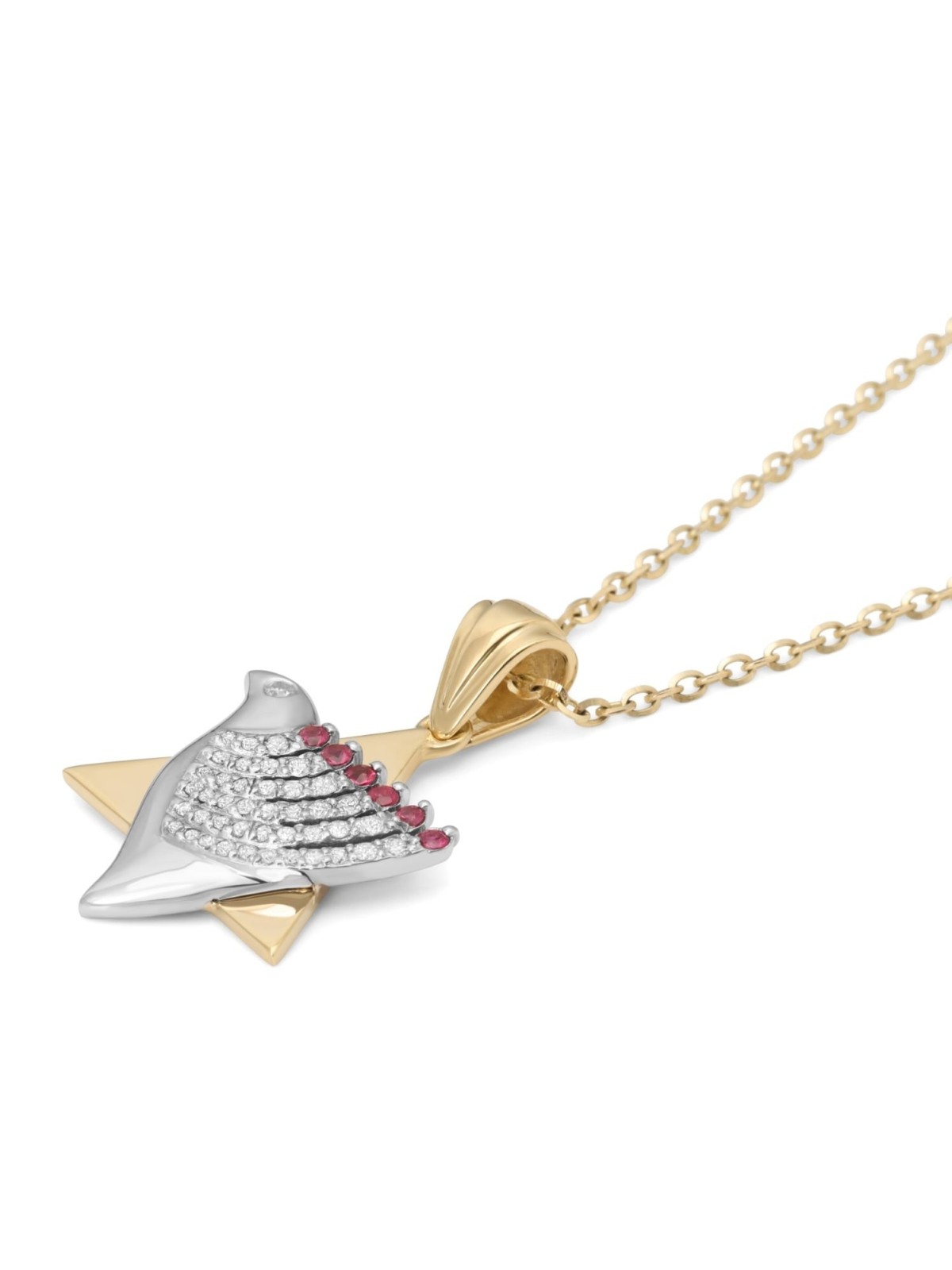 Pendentif étoile de David et colombe de la paix en or 14 carats bicolore avec diamant