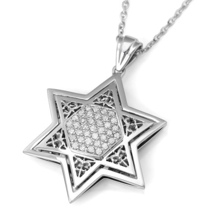 Pendentif étoile de David en or blanc 14 carats serti de diamants avec motif orné