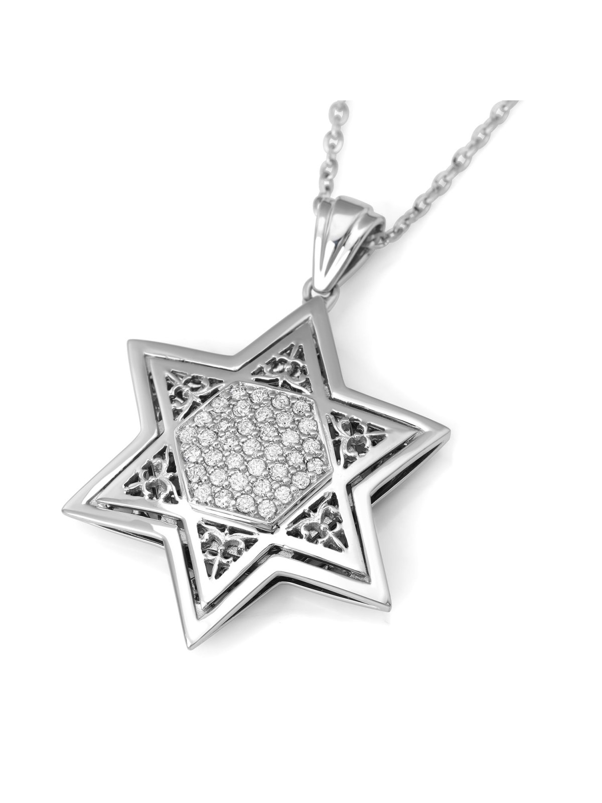 Pendentif étoile de David en or blanc 14 carats serti de diamants avec motif orné