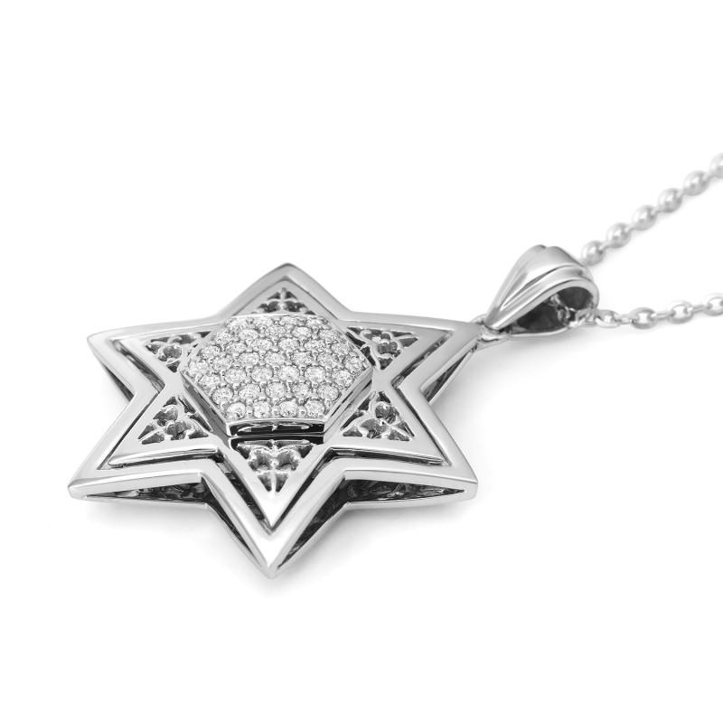 Pendentif étoile de David en or blanc 14 carats serti de diamants avec motif orné