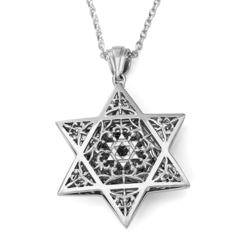 תליון מגן דוד משובץ זהב לבן זהב לבן 14 קראט עם עיצוב מעוטר