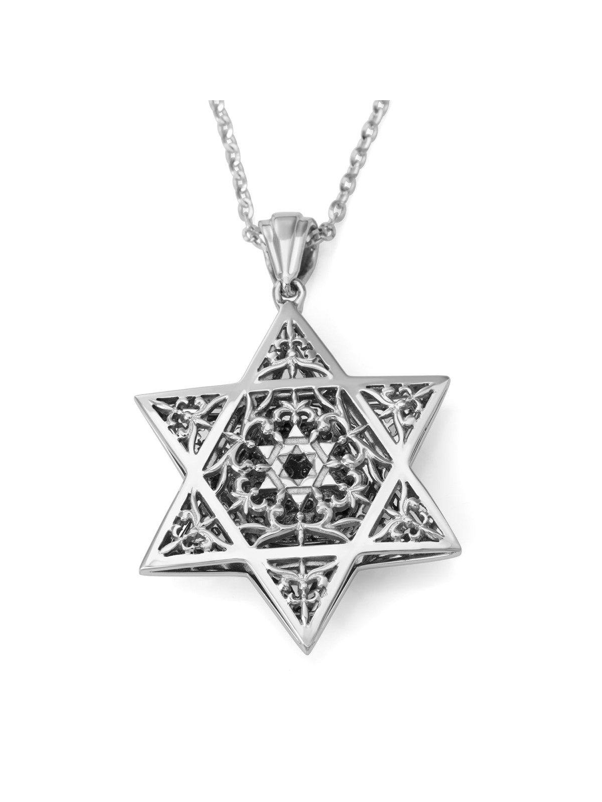 Pendentif étoile de David en or blanc 14 carats serti de diamants avec motif orné