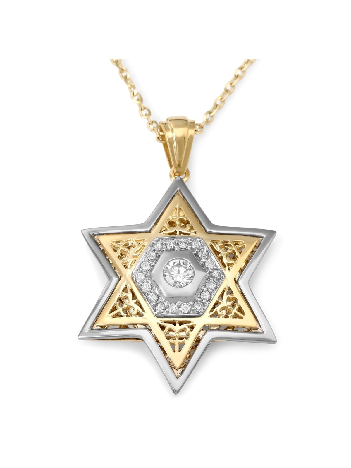 תכשיטי אנבינדר זהב 14K תליון מגן דוד עם יהלומים (צבע O
