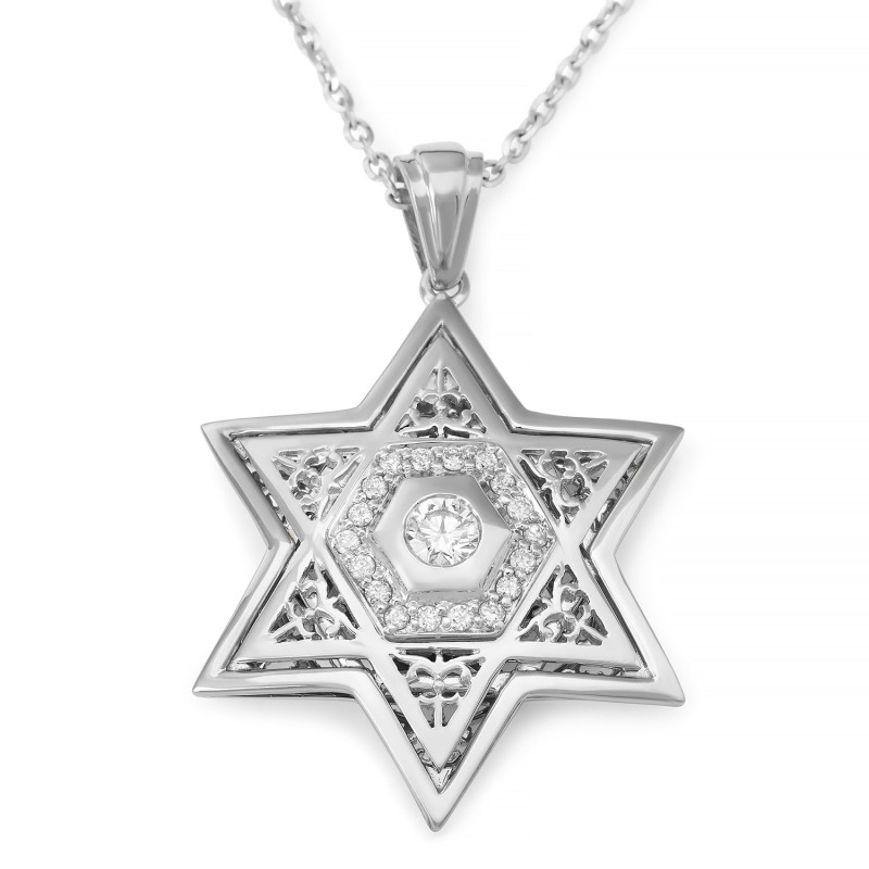 תכשיטי אנבינדר זהב 14K תליון מגן דוד עם יהלומים (צבע O