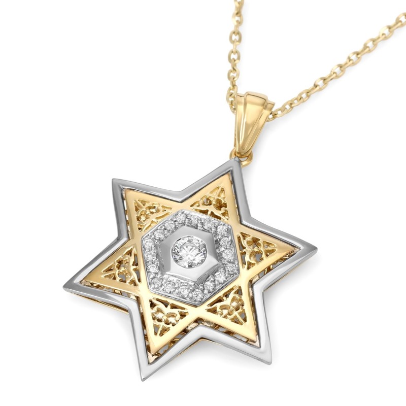 תכשיטי אנבינדר זהב 14K תליון מגן דוד עם יהלומים (צבע O
