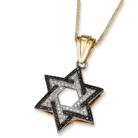 Pendentif étoile de David en or 14 carats bicolore avec diamants noirs et blancs