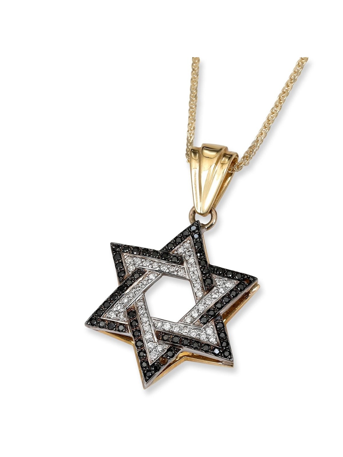Pendentif étoile de David en or 14 carats bicolore avec diamants noirs et blancs