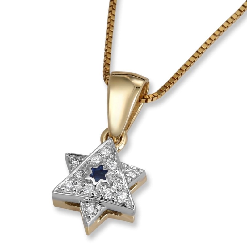 14K Yellow & White Gold Diamond Star of David Pendant with Blue Enamel