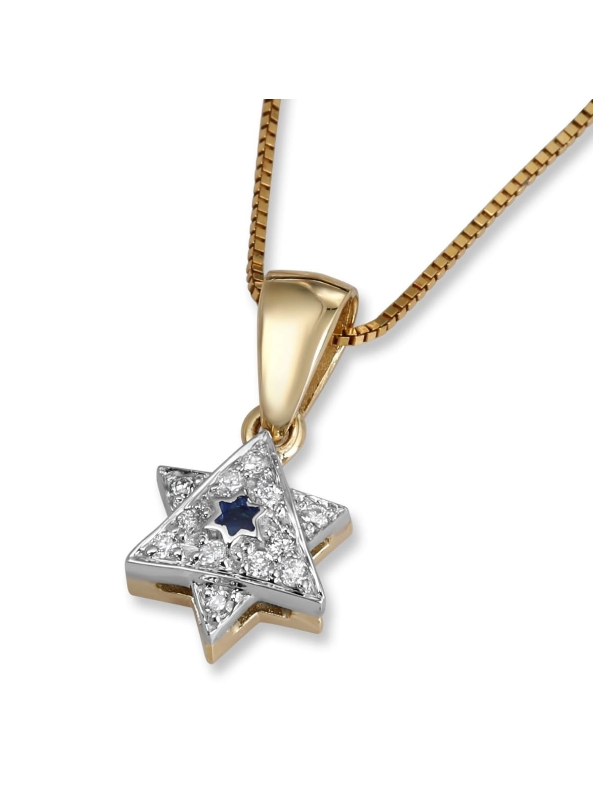 14K Yellow & White Gold Diamond Star of David Pendant with Blue Enamel