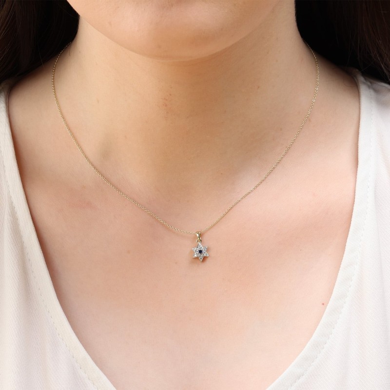 Pendentif étoile de David en or jaune et blanc 14 carats avec émail bleu
