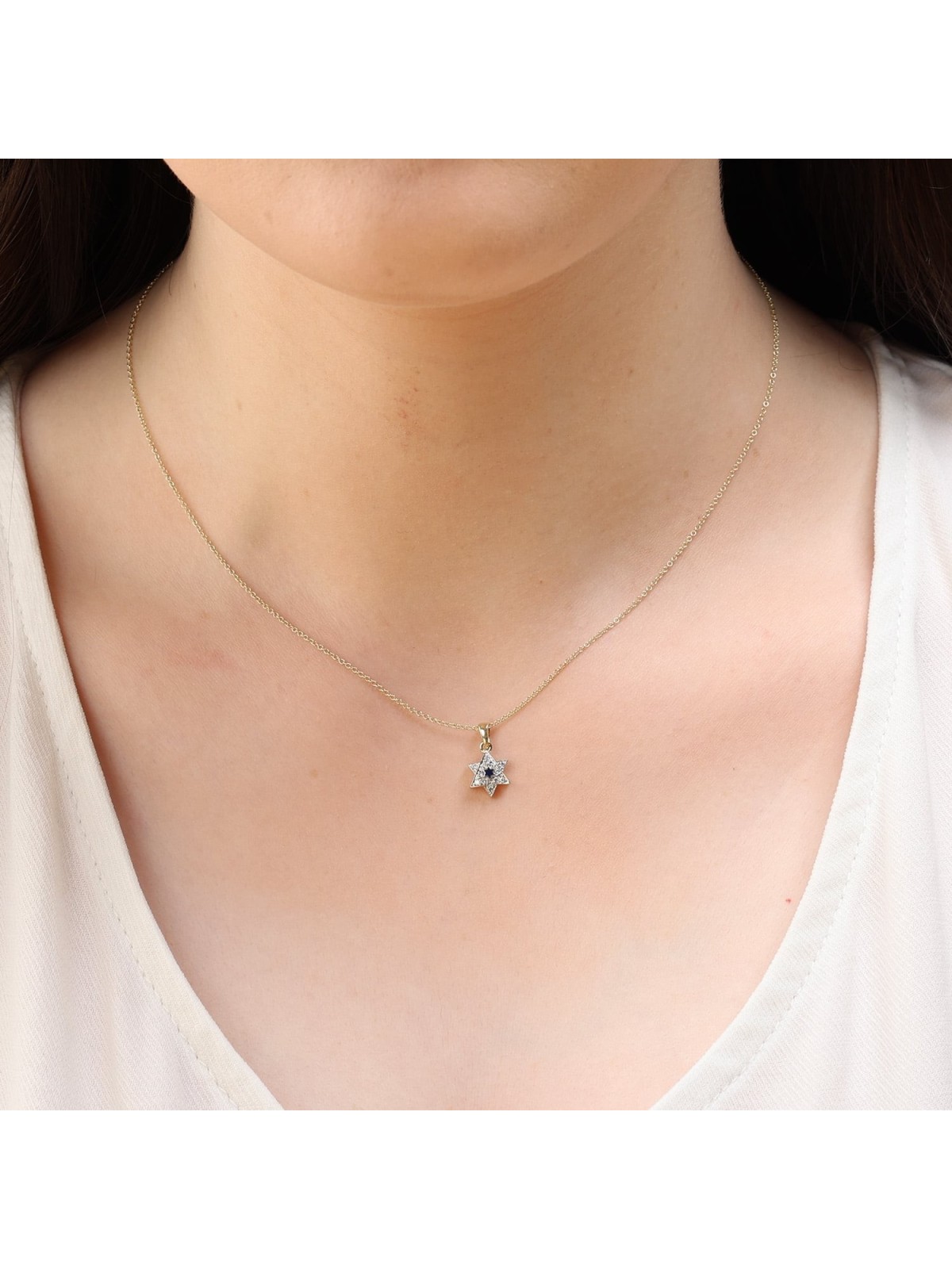 Pendentif étoile de David en or jaune et blanc 14 carats avec émail bleu
