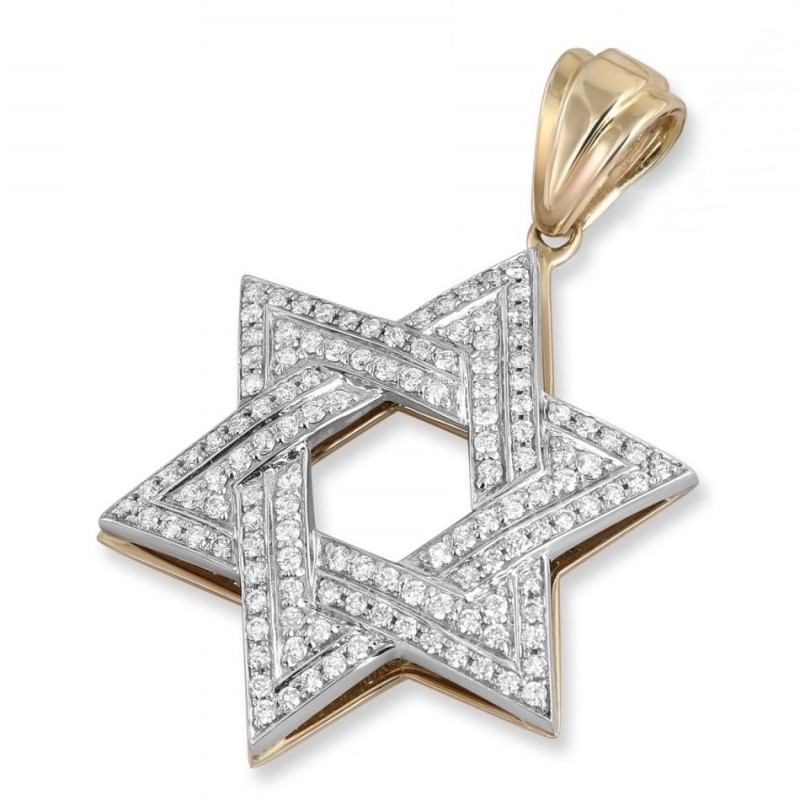 14K Gold Star of David Pendant with Double Diamond Rows