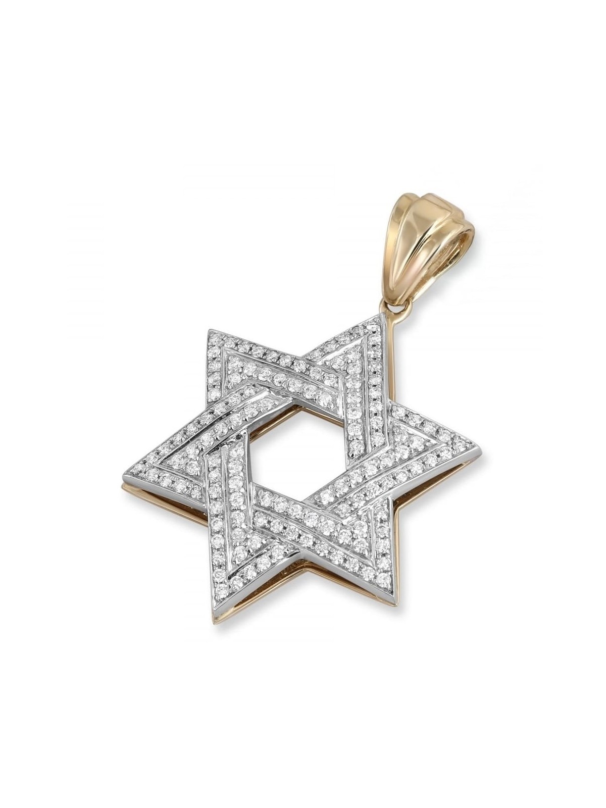 14K Gold Star of David Pendant with Double Diamond Rows