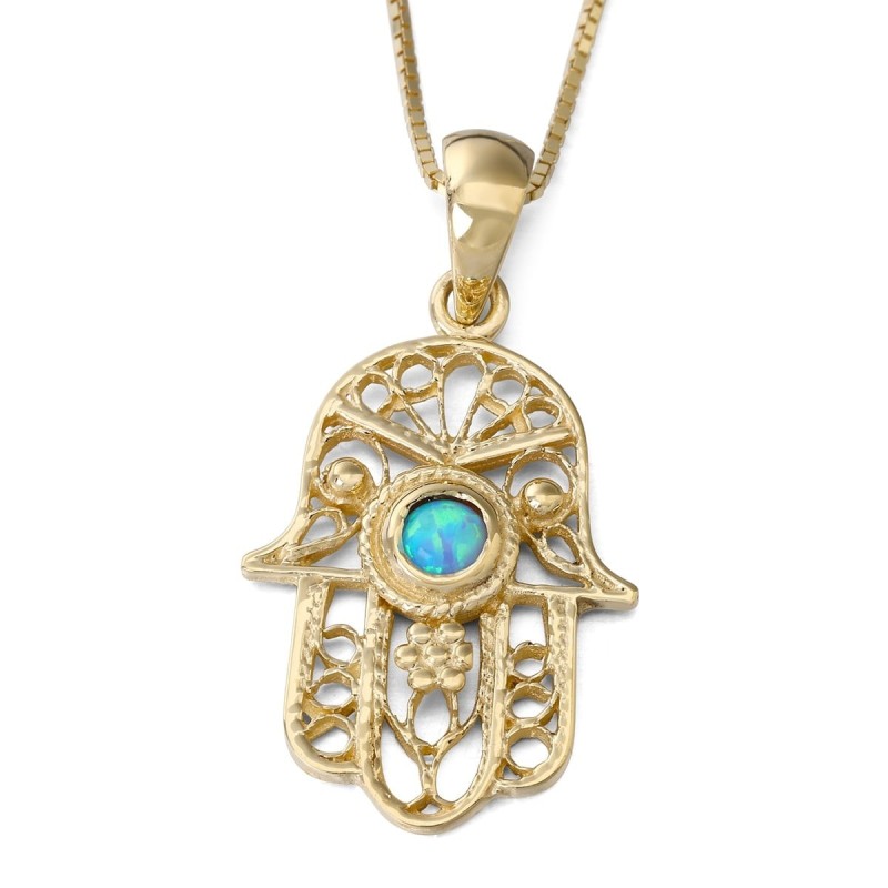 14K Gold Filigree Hamsa Pendant Necklace with Blue Opal Stone
