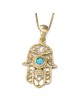 14K Gold Filigree Hamsa Pendant Necklace with Blue Opal Stone