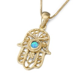 14K Gold Filigree Hamsa Pendant Necklace with Blue Opal Stone
