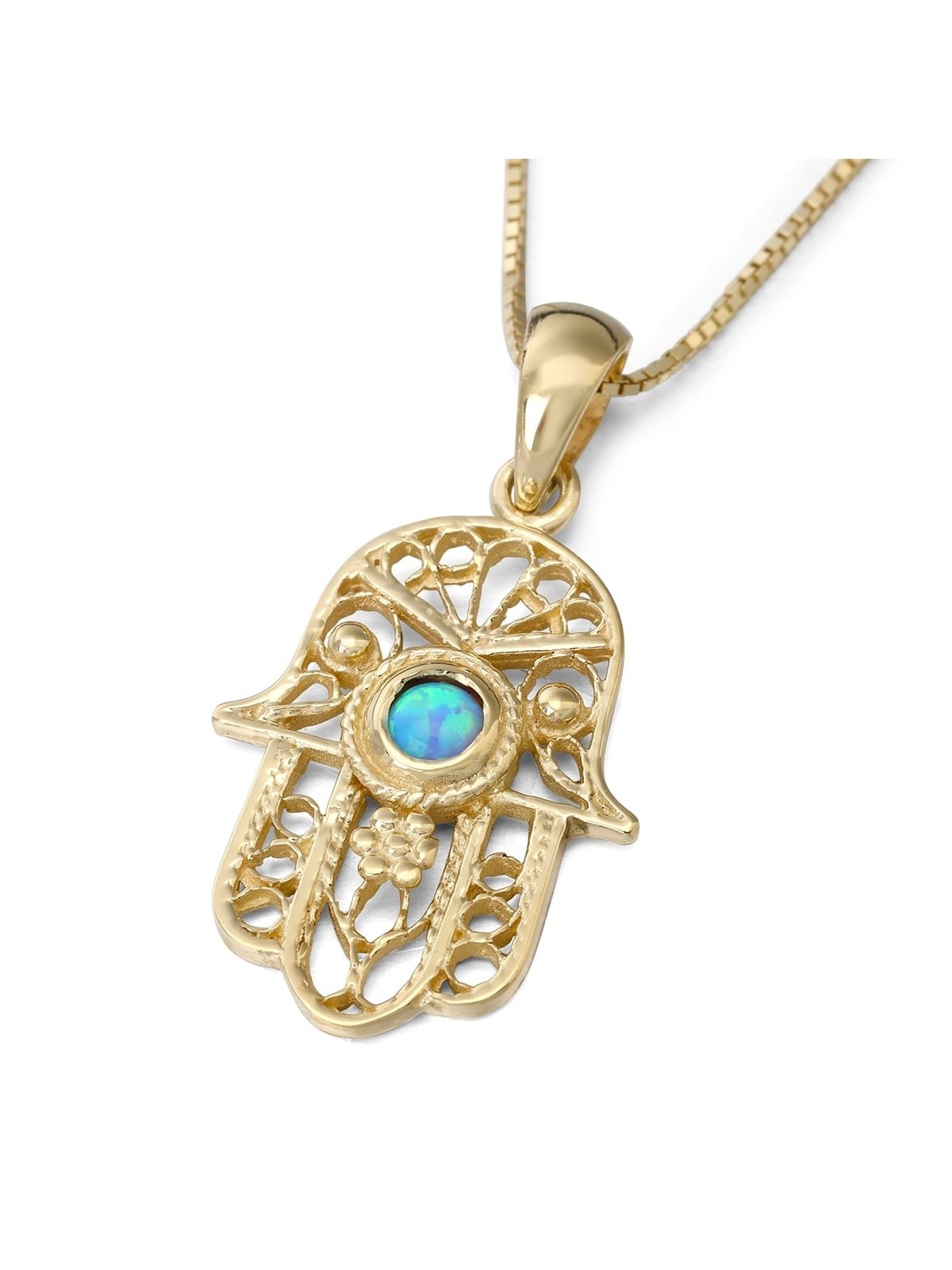 14K Gold Filigree Hamsa Pendant Necklace with Blue Opal Stone