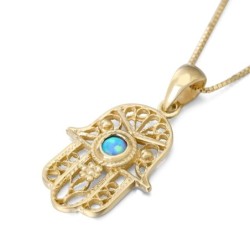 14K Gold Filigree Hamsa Pendant Necklace with Blue Opal Stone