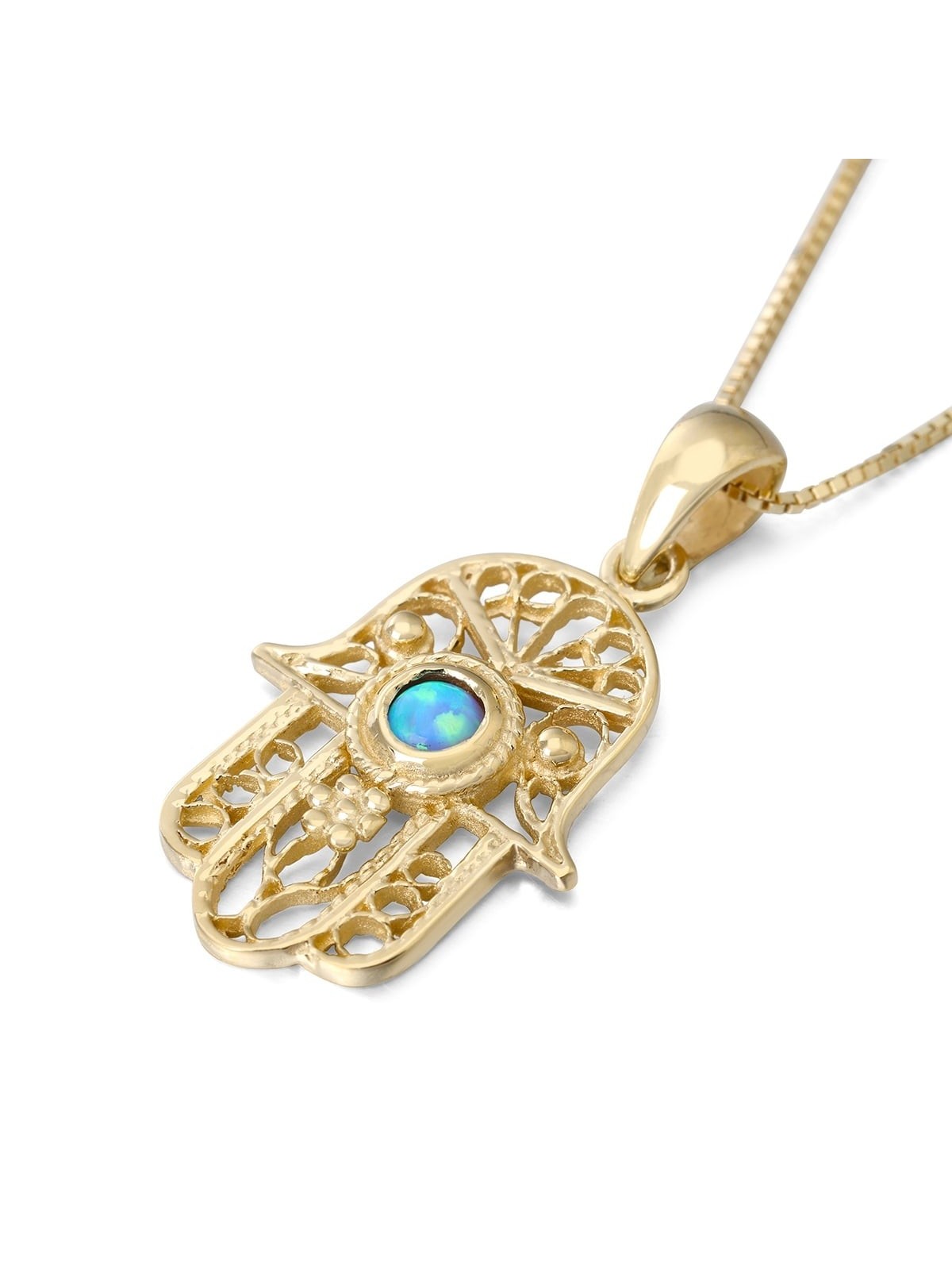 14K Gold Filigree Hamsa Pendant Necklace with Blue Opal Stone