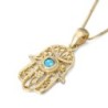 14K Gold Filigree Hamsa Pendant Necklace with Blue Opal Stone