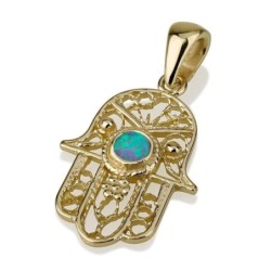 14K Gold Filigree Hamsa Pendant Necklace with Blue Opal Stone