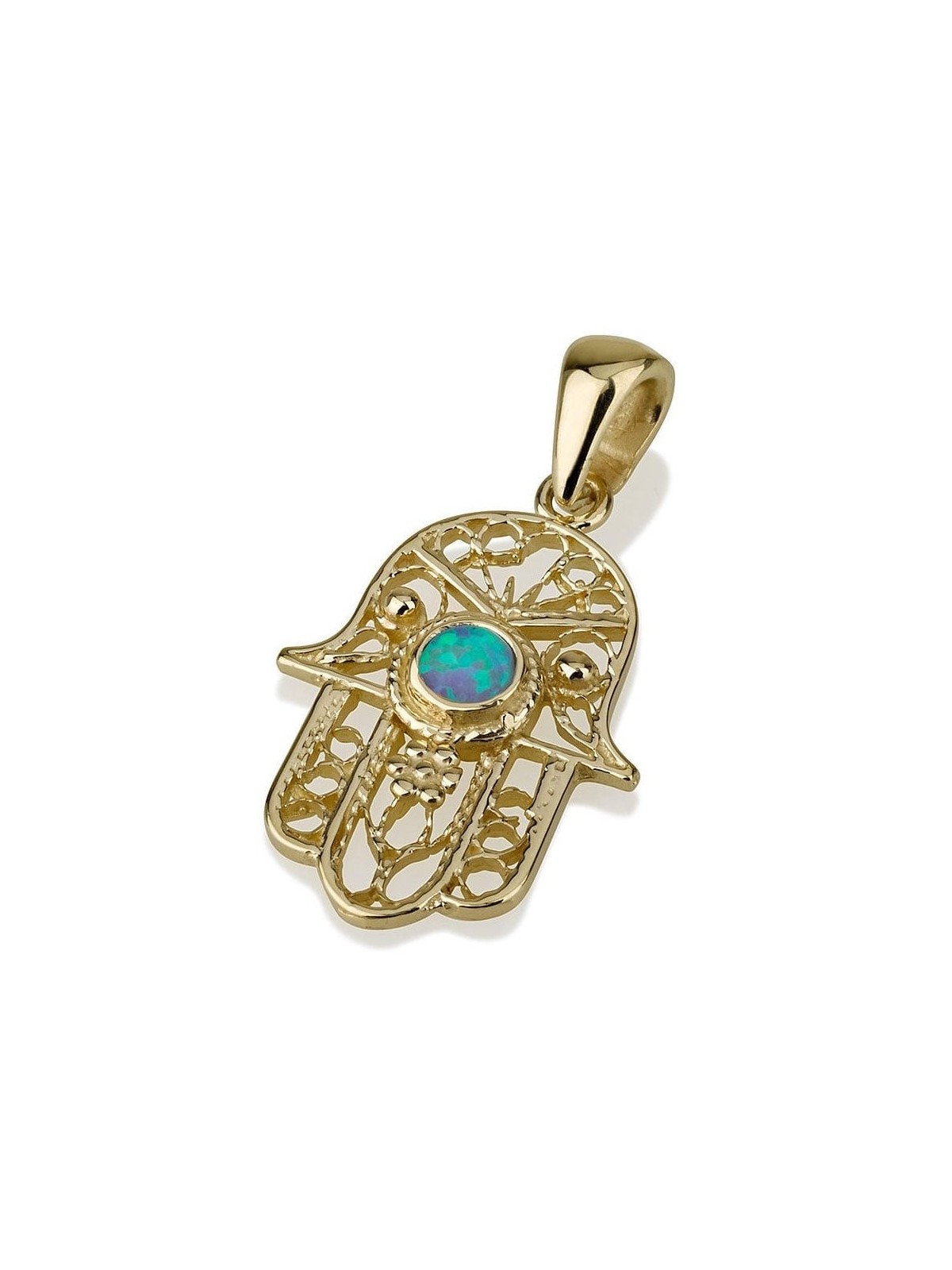 14K Gold Filigree Hamsa Pendant Necklace with Blue Opal Stone