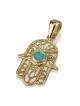 14K Gold Filigree Hamsa Pendant Necklace with Blue Opal Stone