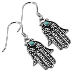 Silver Filigree Hamsa Earrings with Turquoise Stone