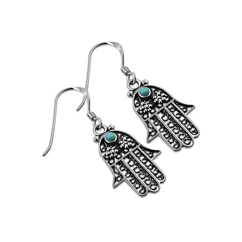 Silver Filigree Hamsa Earrings with Turquoise Stone