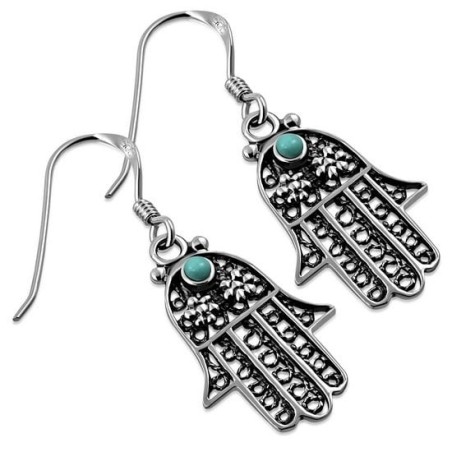 Silver Filigree Hamsa Earrings with Turquoise Stone