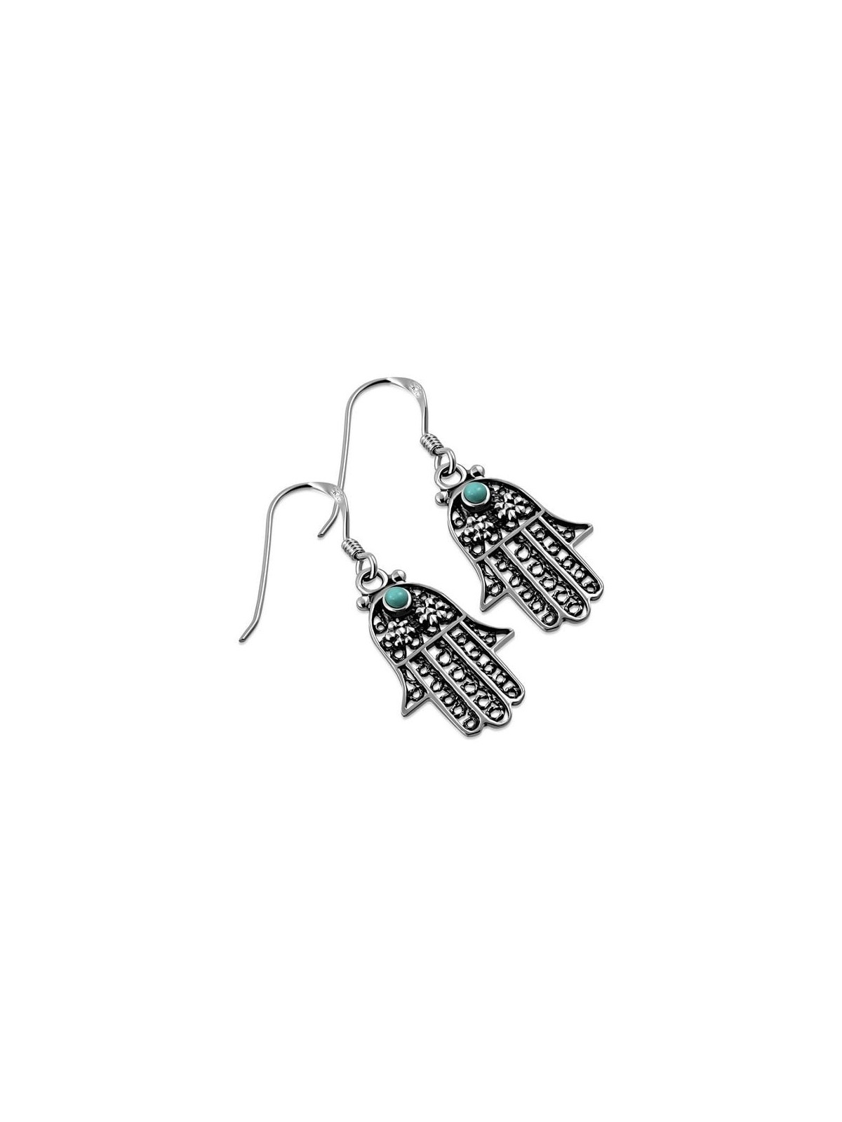 Silver Filigree Hamsa Earrings with Turquoise Stone