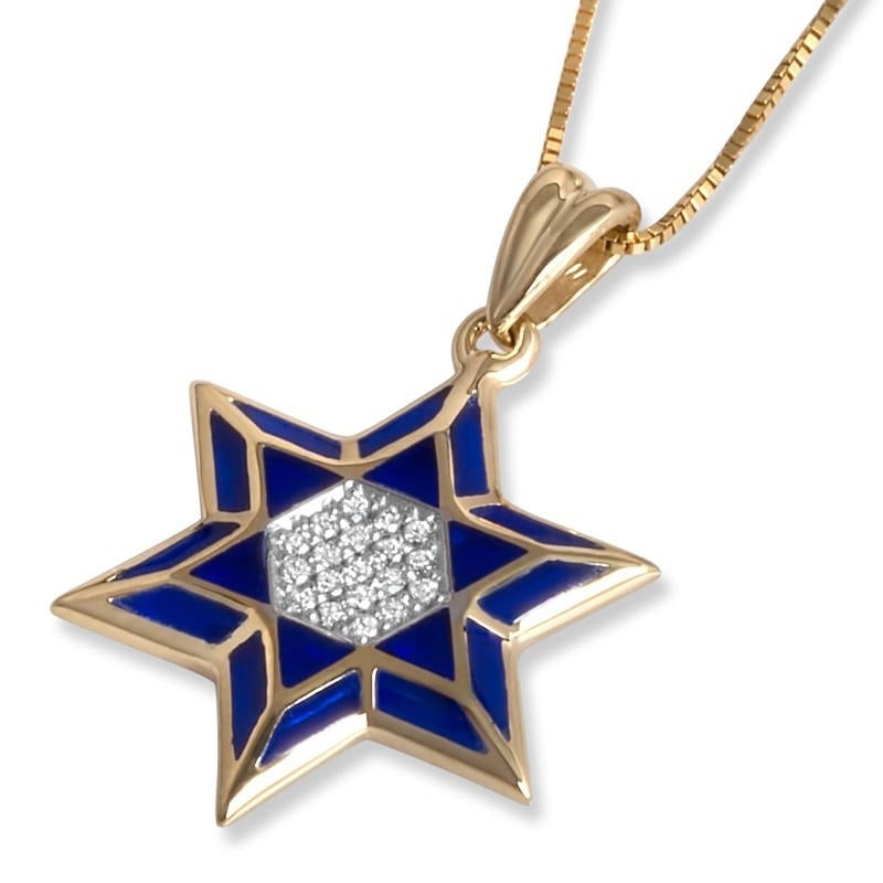 Pendentif étoile de David en or jaune 14 carats avec émail bleu et diamants