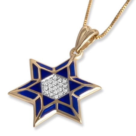 Pendentif étoile de David en or jaune 14 carats avec émail bleu et diamants