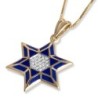 14K Yellow Gold Star of David Pendant with Blue Enamel and Diamonds